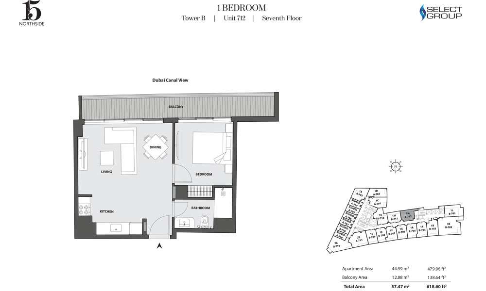 Tower B, 1 Bedroom, Unit 712, Seventh Floor